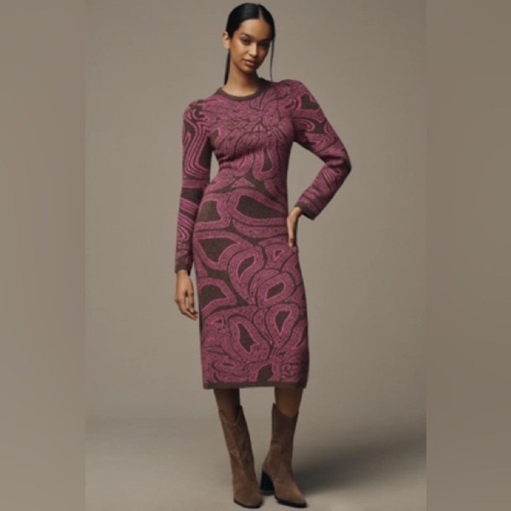 Farm Rio x Anthropologie Size M Long-Sleeve Jacquard Sweater Midi Dress - Picture 2 of 10